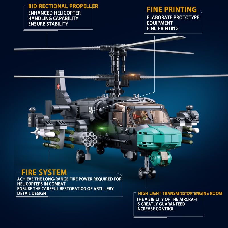 DAHONPA Military Series KA-52S Helicopter Army Airplane Building Blocks Set with 913 Pieces