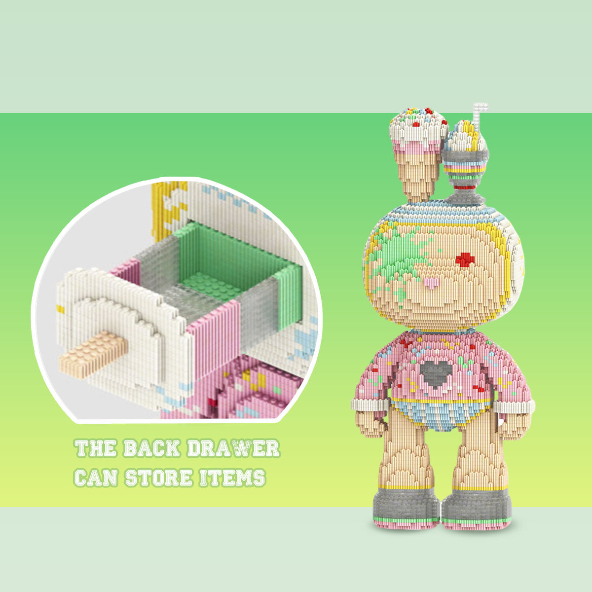 DAHONPA Ice Cream Dessert-themed Bear with Storage Drawer Micro Building Blocks Set (7250 PCS) – DIY Cute & Cozy Collectible Figurine with Hidden Compartment for Kids & Adults