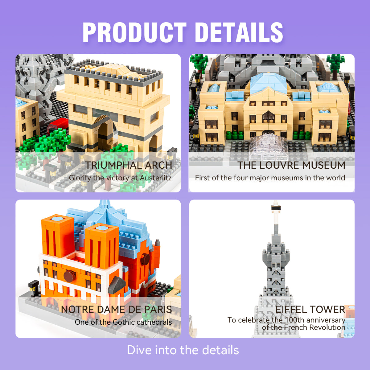 DAHONPA Paris Skyline Architecture Micro Building Blocks Set, 2462 Pieces with Eiffel Tower and The Louvre Building, City Line Collection Model, Gift for Kid and Adult