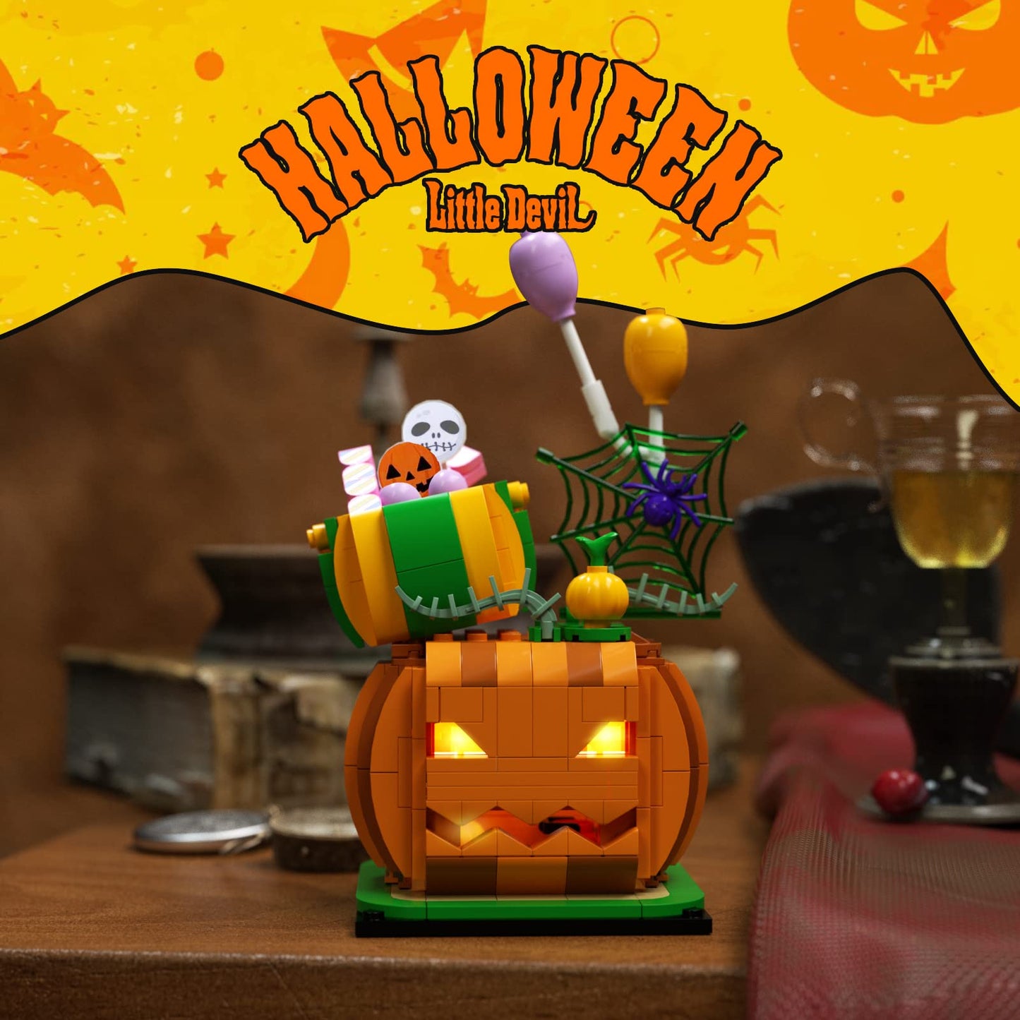 DAHONPA Halloween Pumpkin Cabin Building Blocks Toys with 335 Pieces with Lights