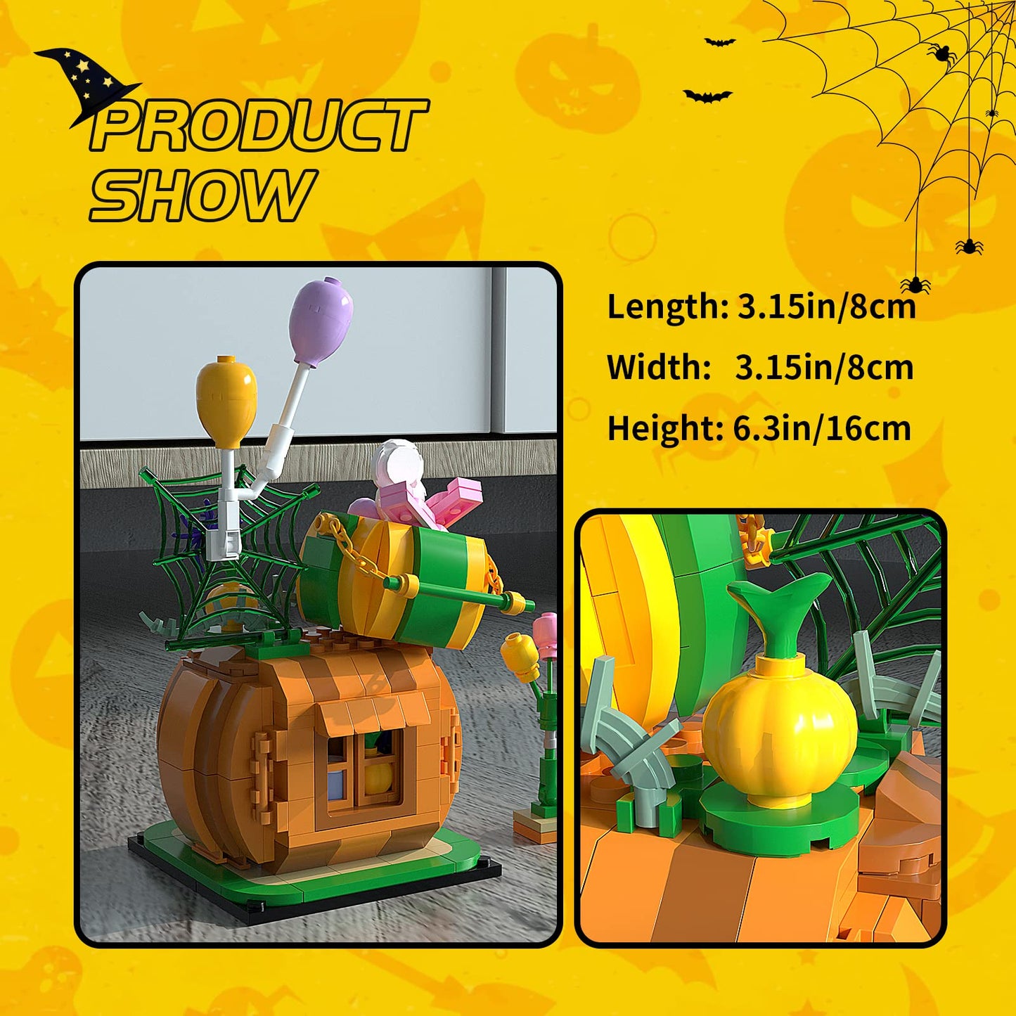 DAHONPA Halloween Pumpkin Cabin Building Blocks Toys with 335 Pieces with Lights