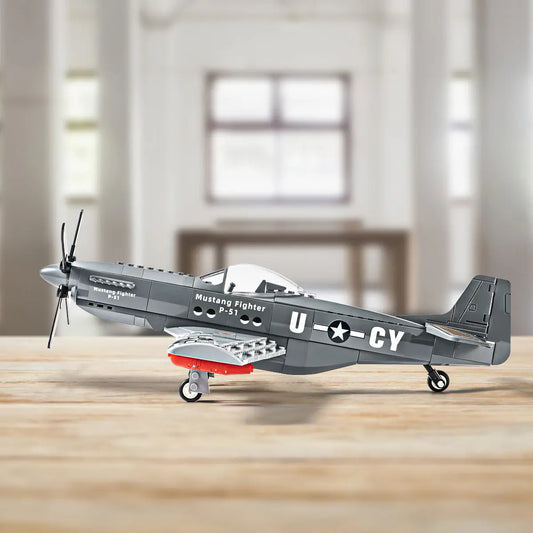 Elite lifestyle display of the completed DAHONPA WWII P51 Mustang fighter jet Building Blocks collectible on a premium wooden surface