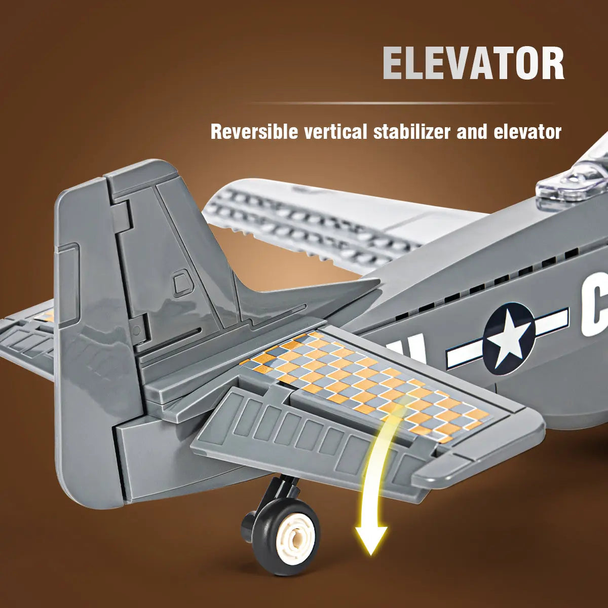 Movable vertical stabilizer and adjustable tail elevator detailing on the DAHONPA P51 Mustang Building Blocks model