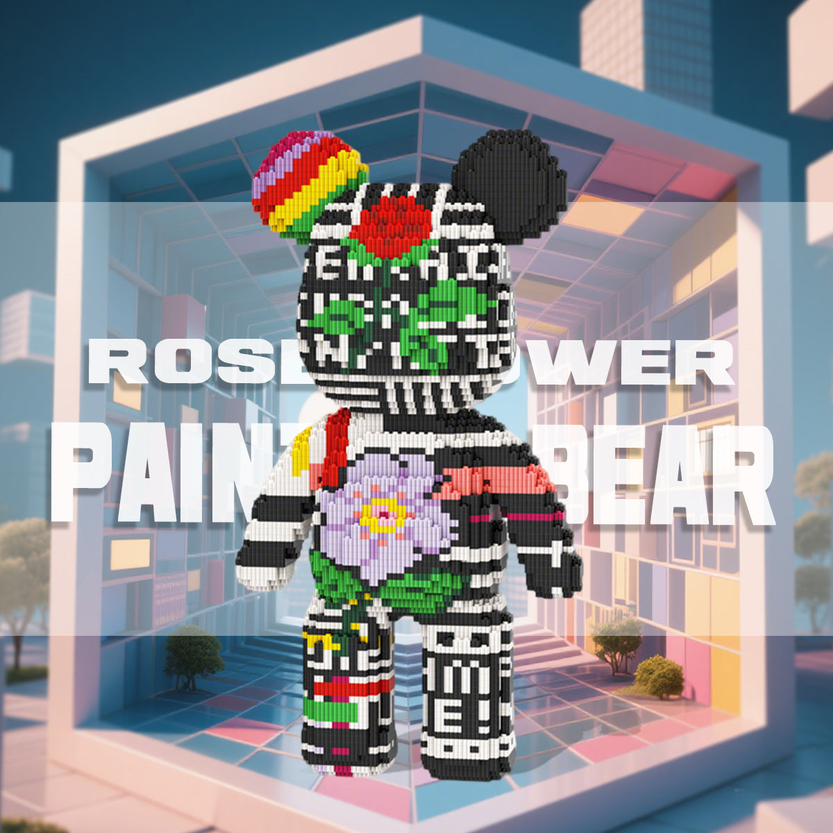 DAHONPA Black White Stripe Floral Graffiti Bear Micro Building Blocks Set (6150 PCS) – DIY Street Art Trendy Collectible Figurine Toy for Kids & Adults