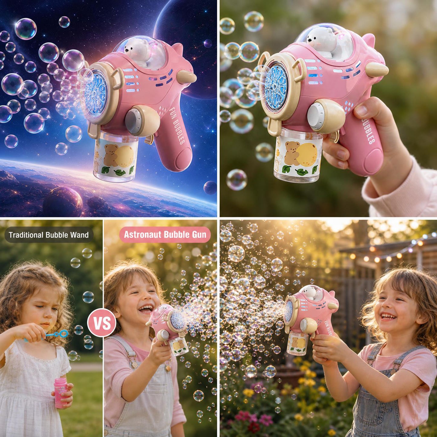DAHONPA Astronaut Bear Bubble Gun - Portable Pink Space-Themed Toy for Kids, Electric Bubble Maker with Light & Sound for Outdoor Play, Fun Birthday Gift