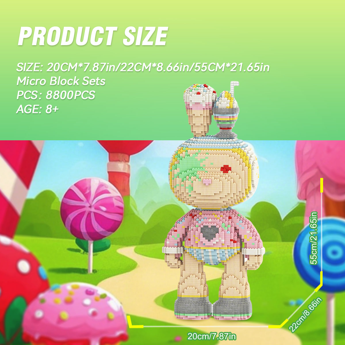 DAHONPA Ice Cream Dessert-themed Bear with Storage Drawer Micro Building Blocks Set (7250 PCS) – DIY Cute & Cozy Collectible Figurine with Hidden Compartment for Kids & Adults