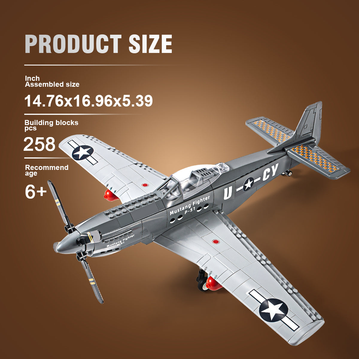 DAHONPA P51 战斗机军用飞机积木套装，258 块空军积木玩具，儿童和成人礼物