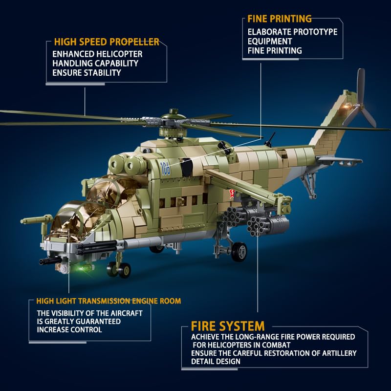 DAHONPA MI-24S 直升机中型实用军用飞机积木套装带人偶，893 块空军积木玩具，儿童和成人礼物
