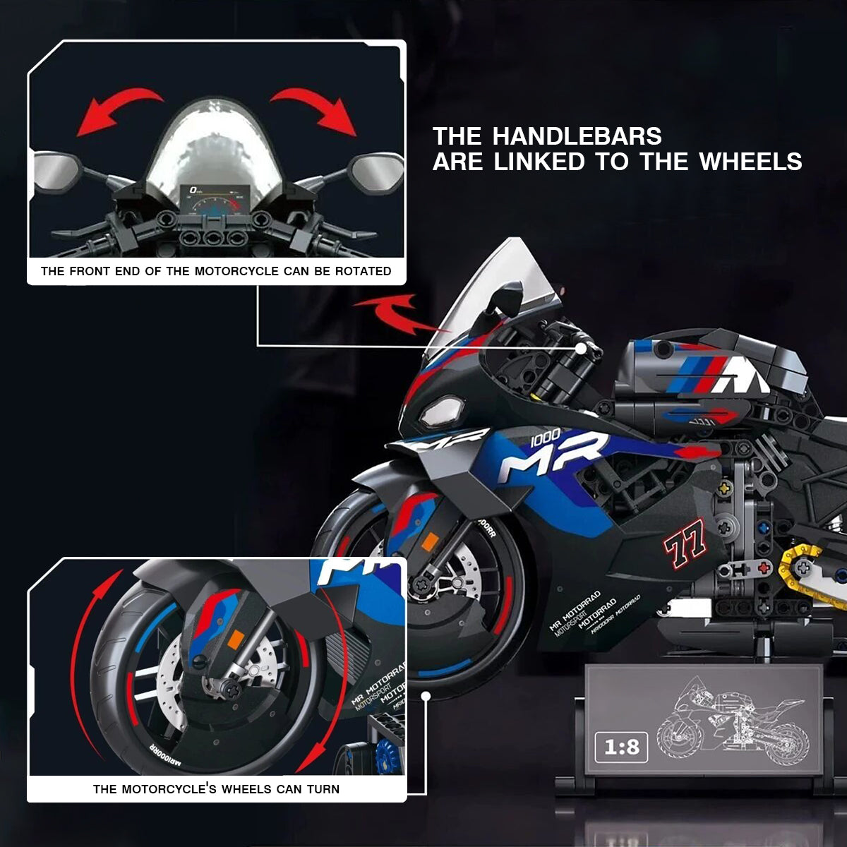 DAHONPA 1:8 Scale Racing Motorcycle Building Block Set, 655 Pieces Advanced Model Kit for Adults & Collectors
