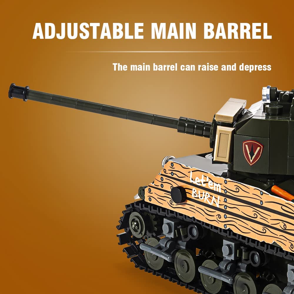 DAHONPA 谢尔曼 M4A3 主战坦克陆军积木（715 件），二战军事历史收藏模型，带 3 个士兵人物，儿童和成人玩具礼物。 