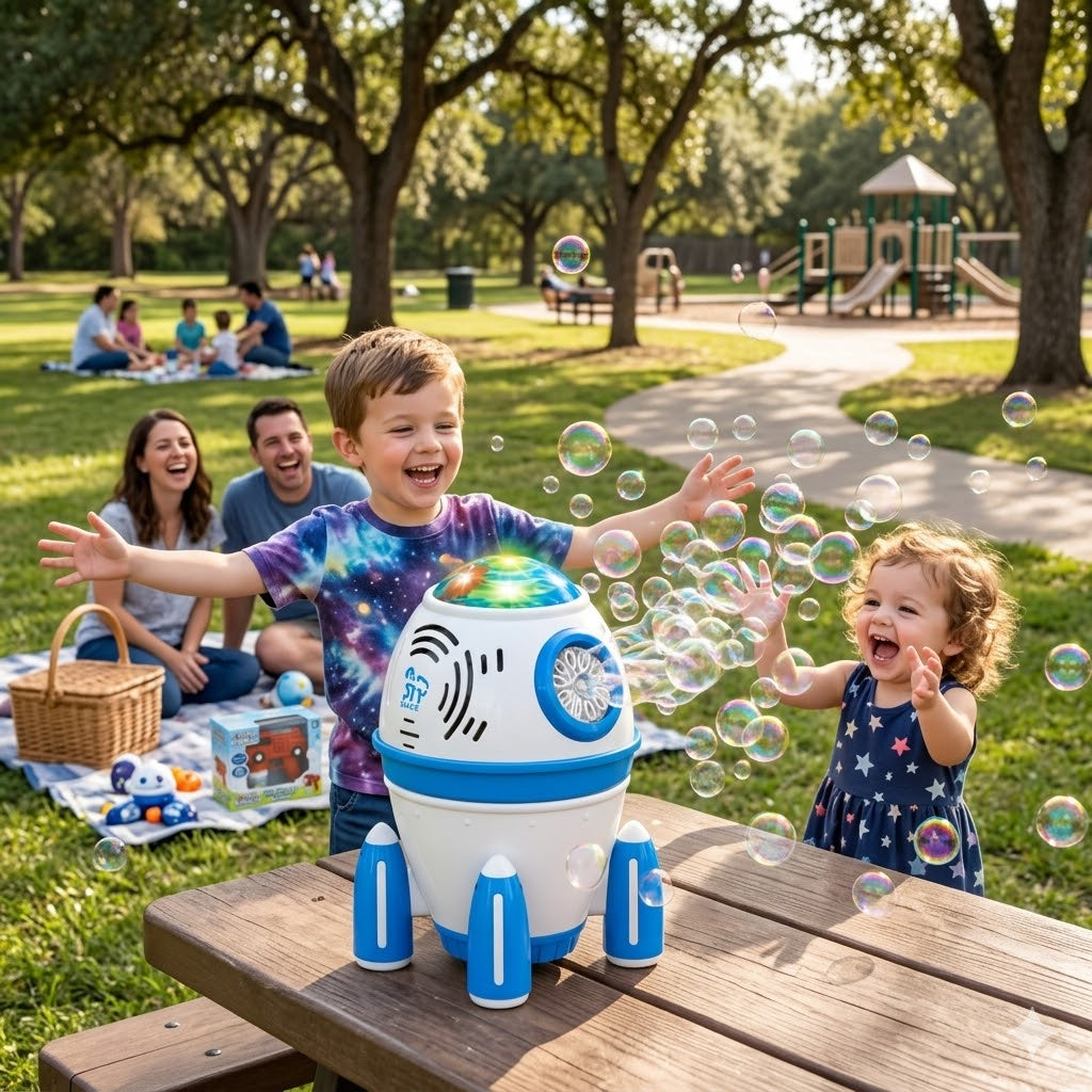 Dahonpa Space Rocket Bubble Machine for Kids – Handheld Electric Bubble Toy with Automatic Bubble Blower, Colorful Light Effects, Safe Plastic, Indoor & Outdoor Fun