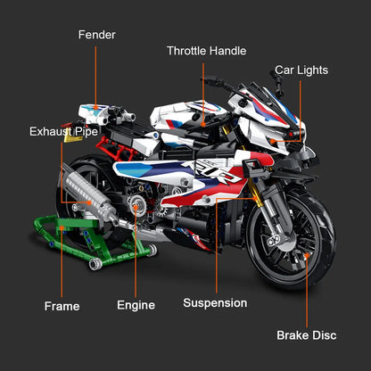 Anatomy diagram of DAHONPA motorcycle building blocks showing engine suspension and brake disc parts
