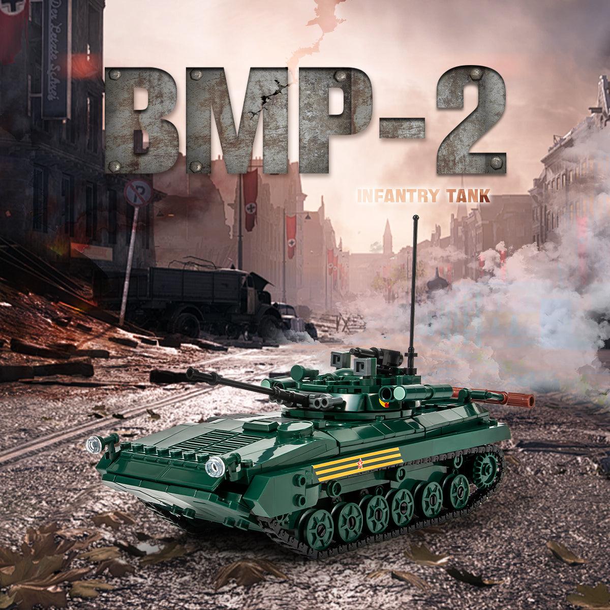 BMP-2 infantry fighting vehicle armored tank building block model in a military battlefield scene