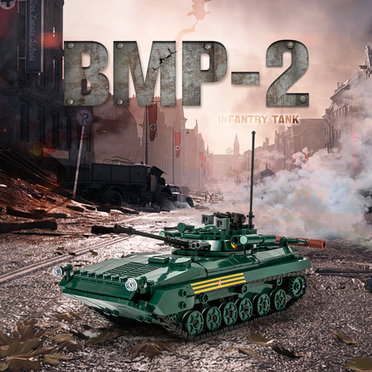 BMP-2 infantry fighting vehicle armored tank building block model in a military battlefield scene