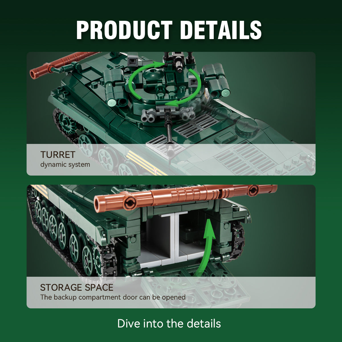 BMP building block vehicle featuring rotating turret dynamic system and openable rear storage compartment