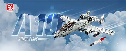 Cinematic dramatic sky display background featuring the completed DAHONPA A10 Warthog Building Blocks aircraft