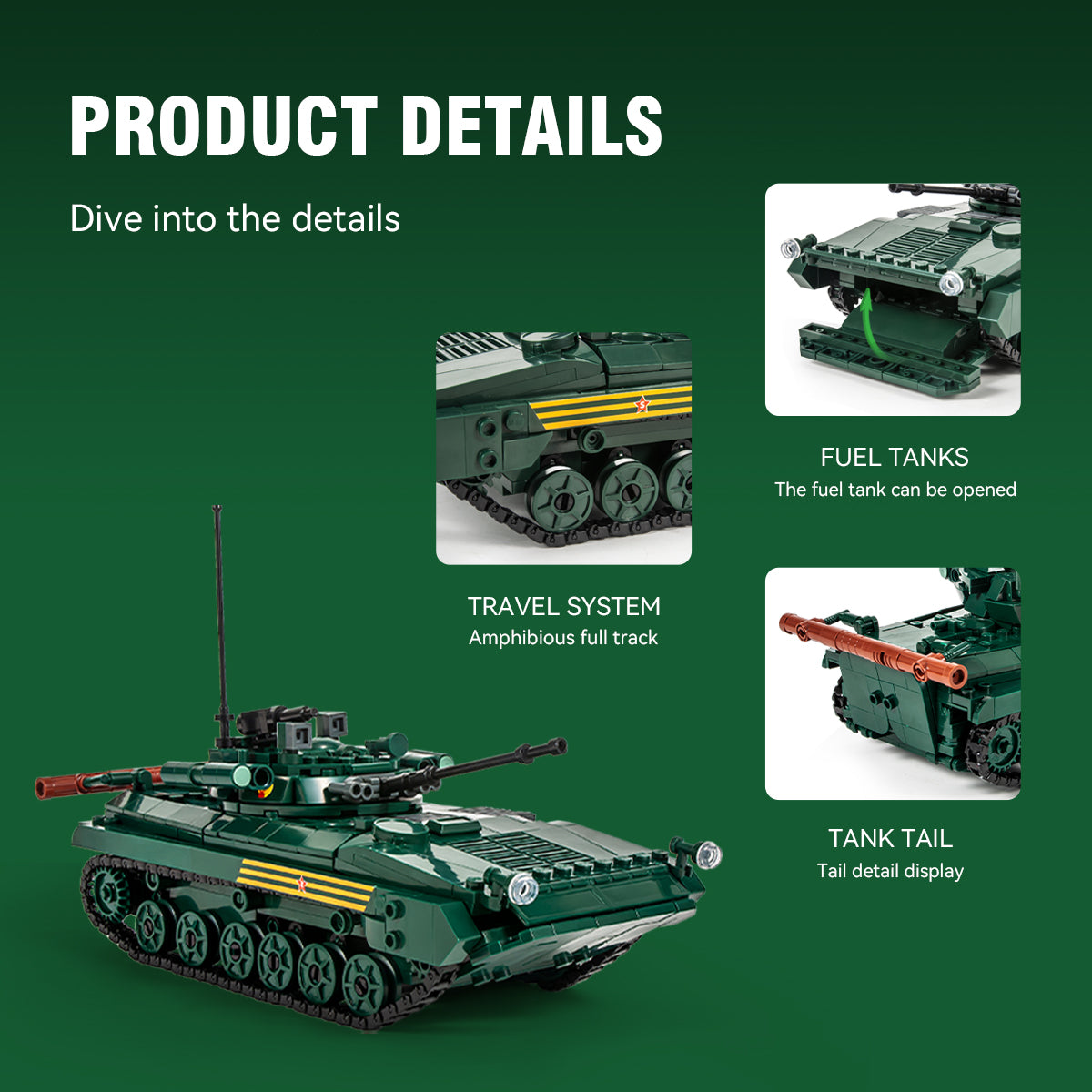 Close-up details of BMP tank model showing openable fuel tank and flexible track travel system