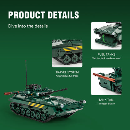 Close-up details of BMP tank model showing openable fuel tank and flexible track travel system