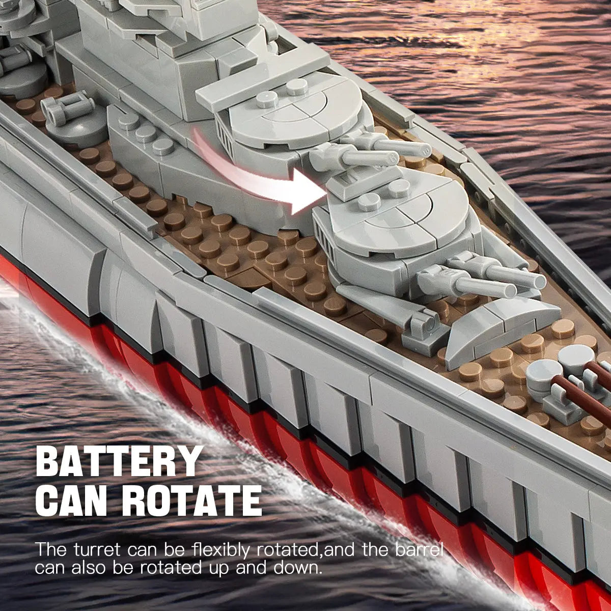 Close-up of rotatable main battery and movable gun turret functionality on the DAHONPA building blocks ship