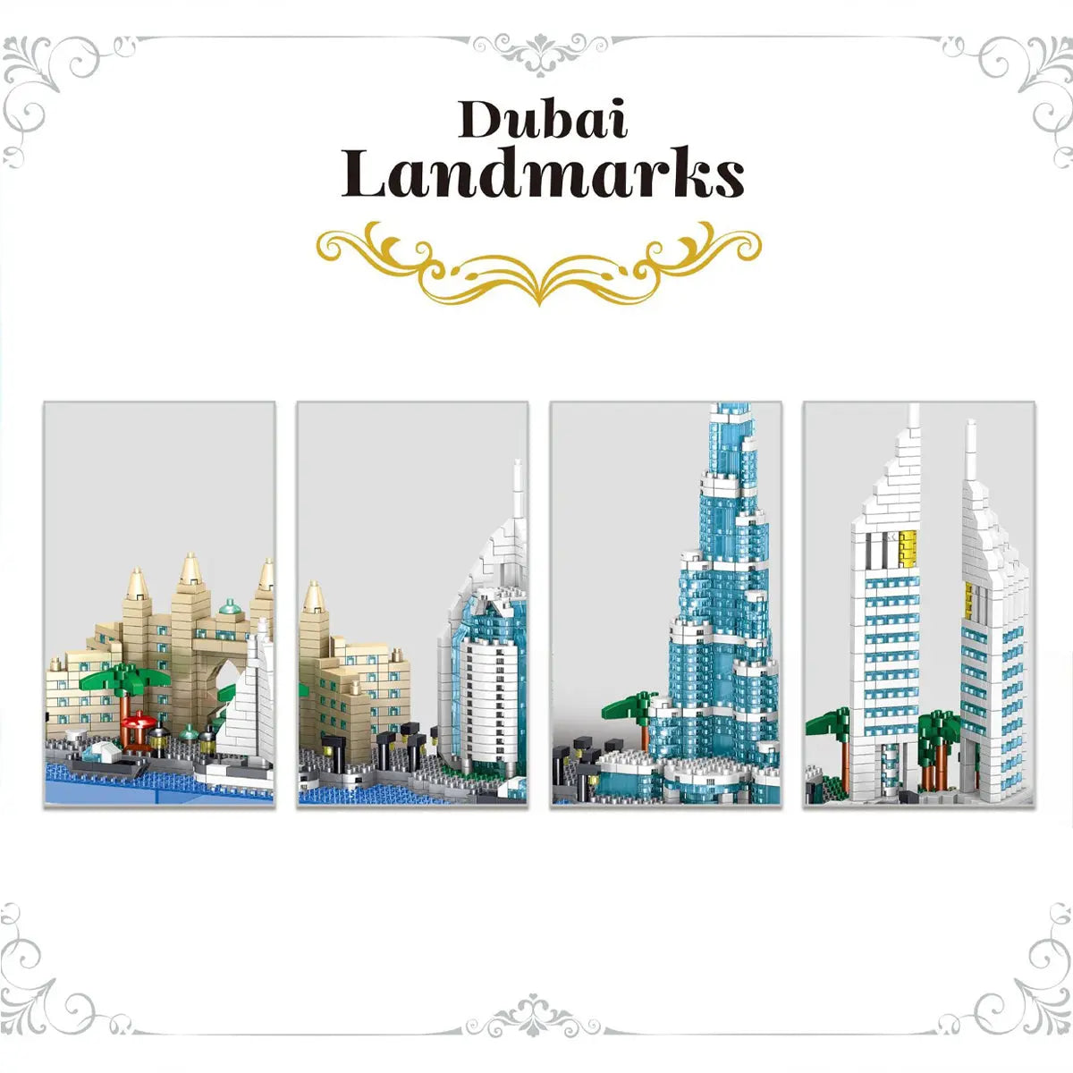 Close up multi panel detail showcase displaying four distinct iconic desert landmarks crafted from precision DAHONPA micro Building Blocks