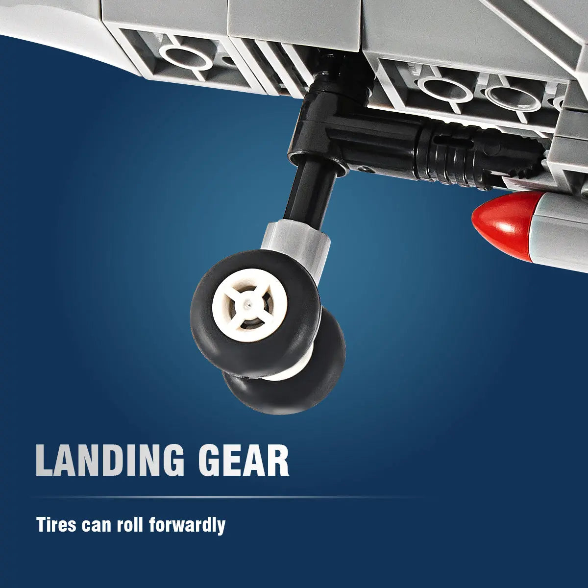 Close up of the front landing gear and dual wheels on the DAHONPA F15 fighter jet Building Blocks model