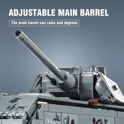 Close up profile of DAHONPA Maus tank building blocks with an adjustable main barrel that can raise and depress