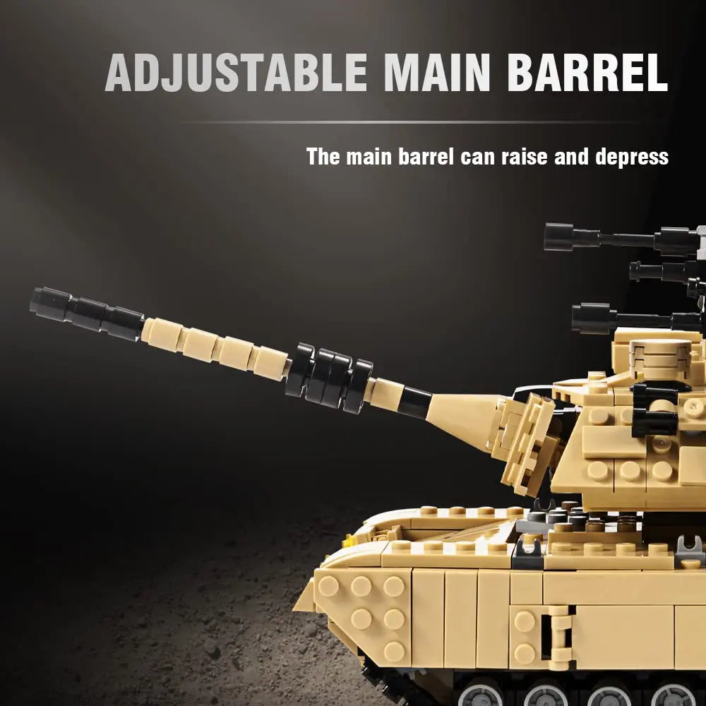 Close up side profile of DAHONPA military tank building blocks with adjustable main barrel that raises and depresses