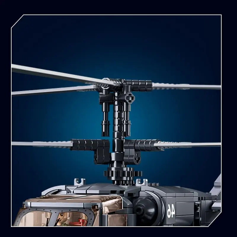 Close up view highlighting the advanced coaxial twin rotor blade system of the DAHONPA KA52S Building Blocks helicopter