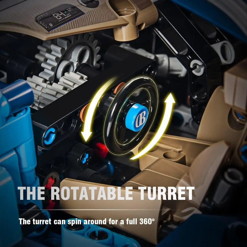 Close up view highlighting the rotatable steering wheel and intricate interior cabin control mechanisms inside the DAHONPA Building Blocks sports car