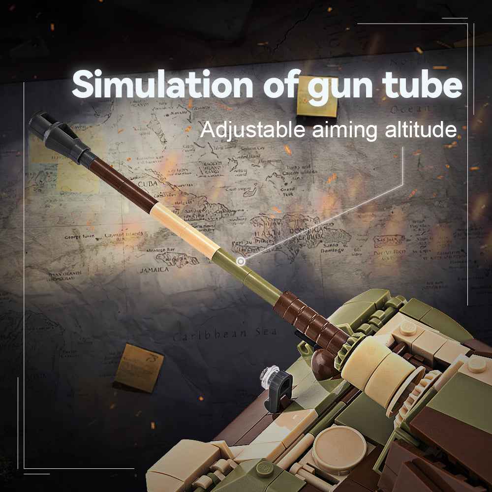 Close up view of the adjustable simulation gun tube barrel aiming feature on the DAHONPA military tank building blocks