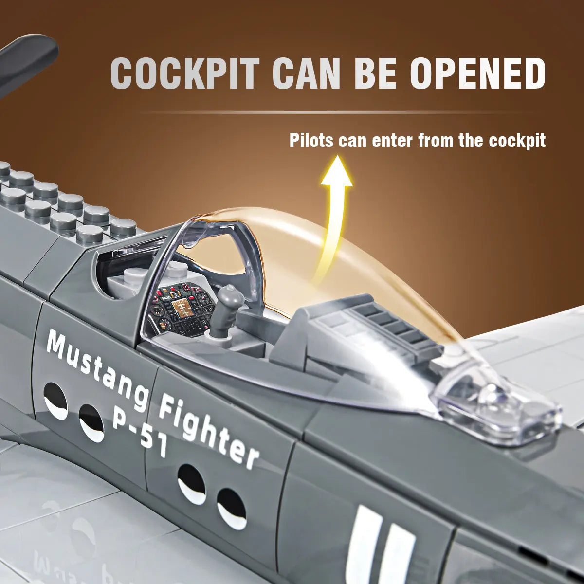 Close up view of the functional opening cockpit canopy feature on the DAHONPA P51 Mustang Building Blocks aircraft