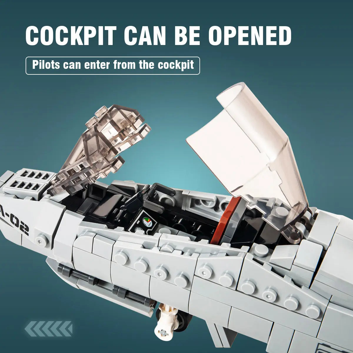 Close up view of the functional opening cockpit canopy shell on the DAHONPA A10 aircraft Building Blocks model