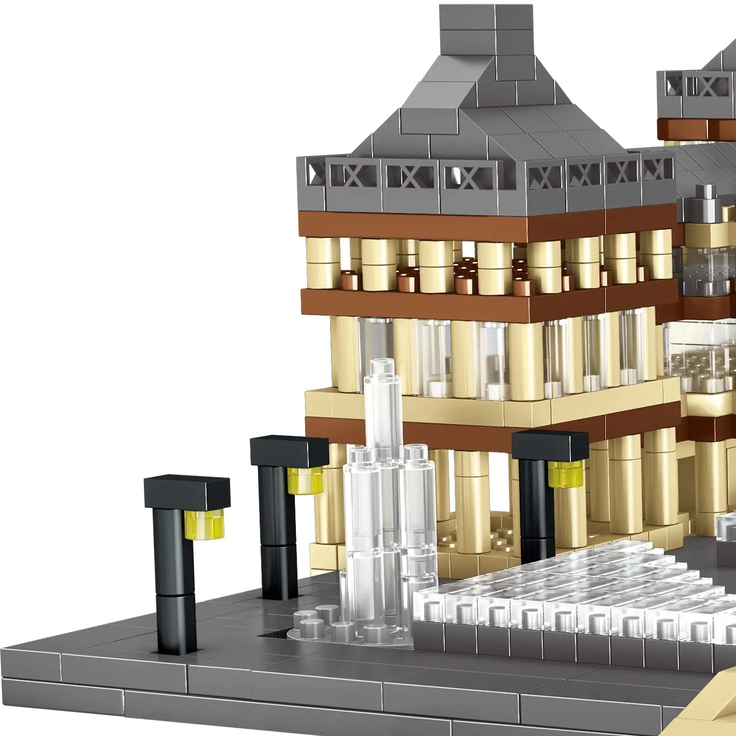 Close up view of the miniature courtyard fountain and street lamp post details on the DAHONPA micro Building Blocks layout