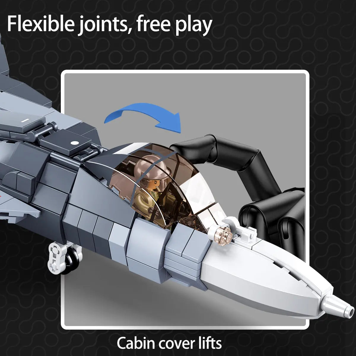 Close up view of the opening cockpit canopy and cabin cover lifting feature on the DAHONPA Su57 Felon Building Blocks jet