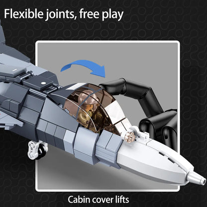Close up view of the opening cockpit canopy and cabin cover lifting feature on the DAHONPA Su57 Felon Building Blocks jet
