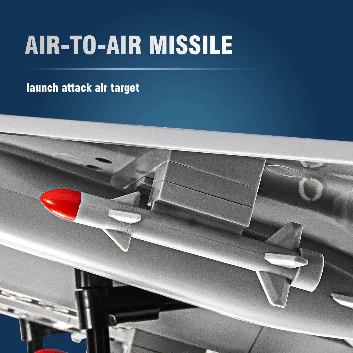 Close up view of the tactical air to air missile mounted under the wing of the DAHONPA F15 Building Blocks aircraft