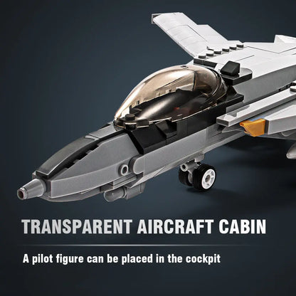 Close up view of the transparent aircraft cabin and opening cockpit canopy feature on the DAHONPA F14D Tomcat Building Blocks jet