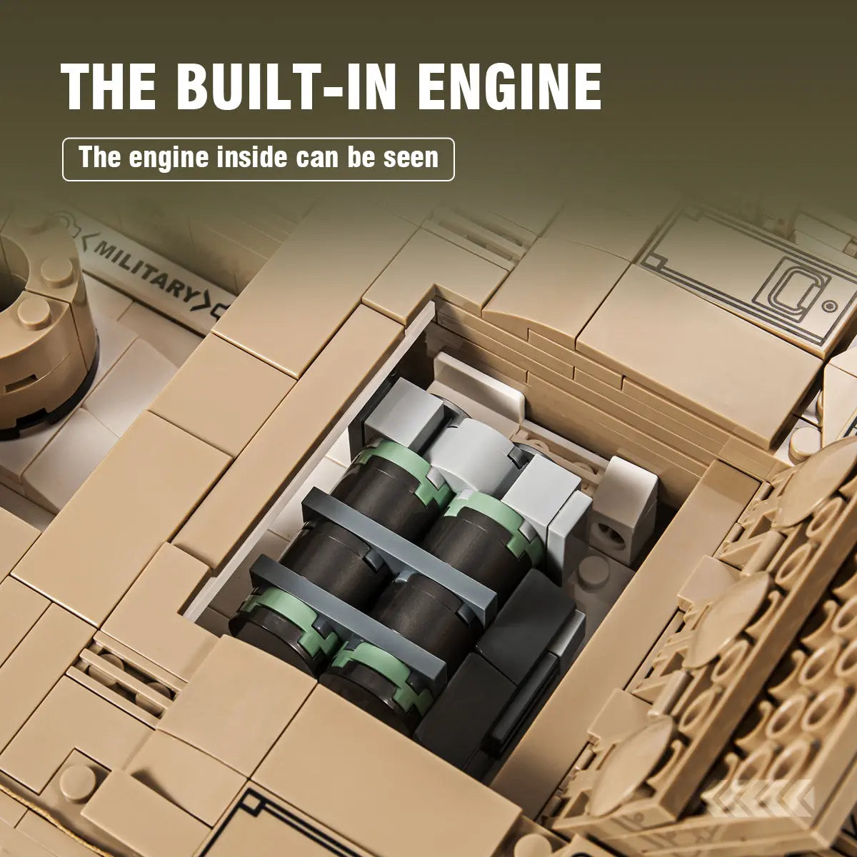 Closeup view of the realistic built-in V12 engine replica featured in the DAHONPA tank building blocks set