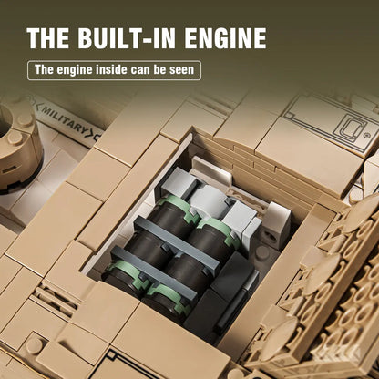 Closeup view of the realistic built-in V12 engine replica featured in the DAHONPA tank building blocks set