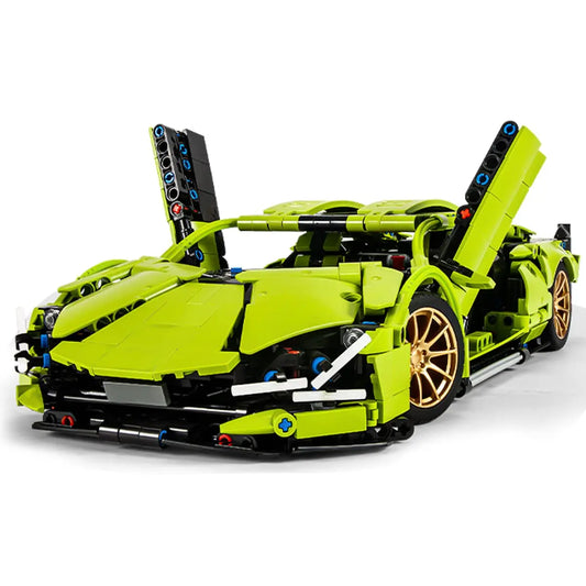 DAHONPA 1/14 scale green roadster hypercar model with open upward scissor doors fully assembled from premium Building Blocks pieces