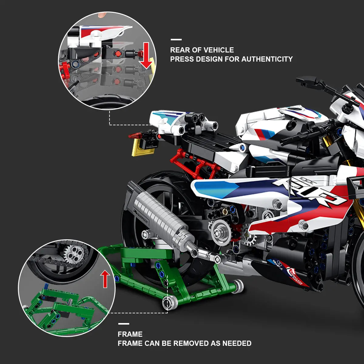 DAHONPA BMW 1000 RR building blocks model showing close-up of rear suspension mechanism