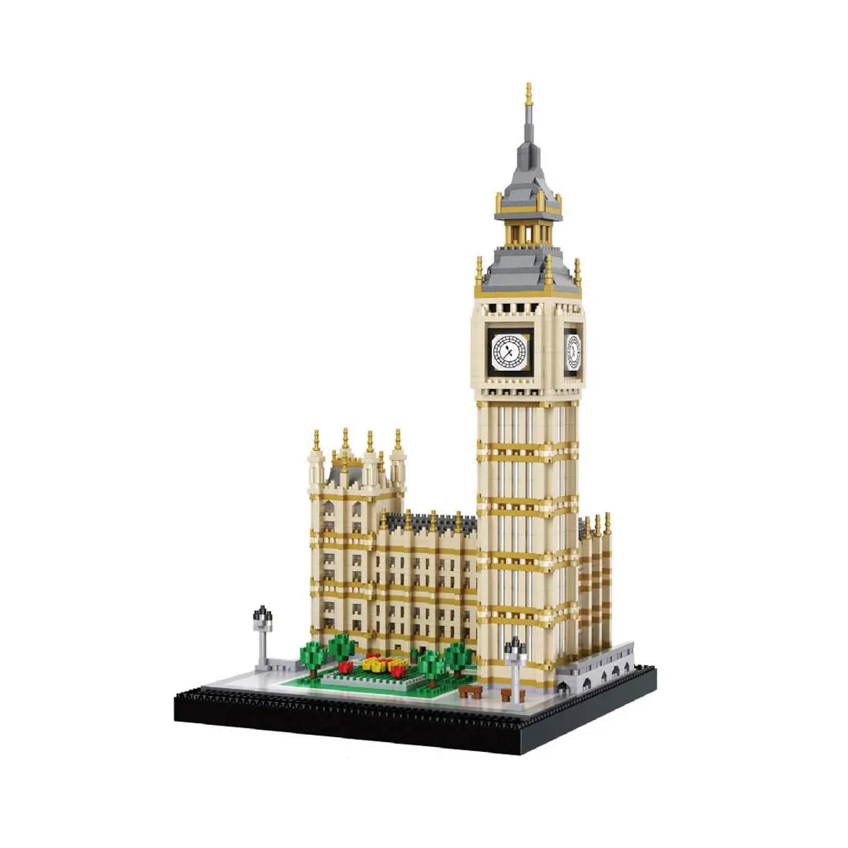 DAHONPA Big Ben and Houses of Parliament architecture replica model fully assembled from 3600 premium micro Building Blocks on a clean white background