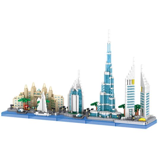 DAHONPA Dubai Skyline architecture model showcasing iconic landmarks fully assembled from premium micro Building Blocks on a clean white background