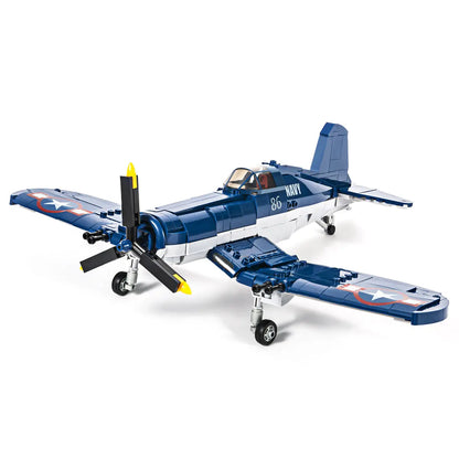 DAHONPA F4U Corsair WWII Navy fighter jet model fully assembled using premium Building Blocks on a clean white background