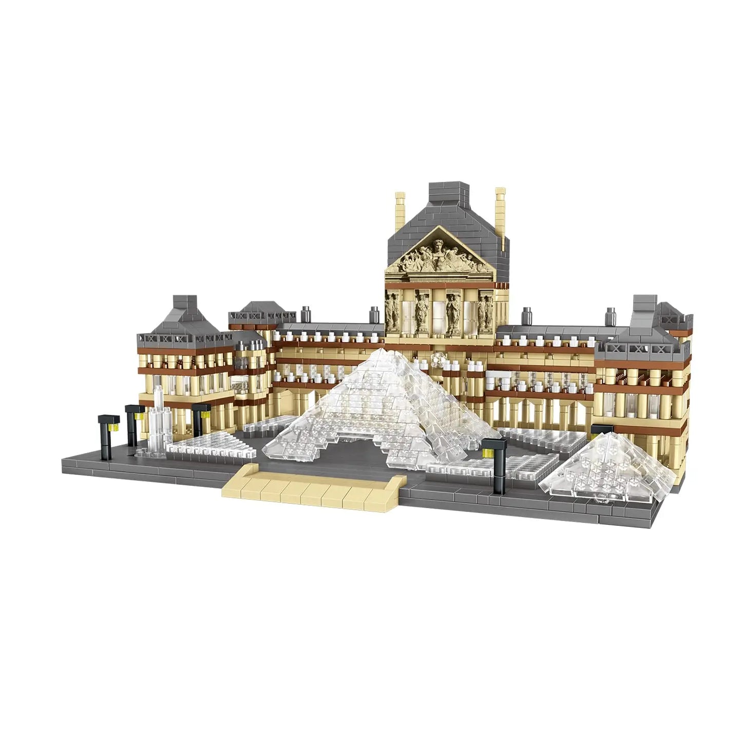 DAHONPA Louvre architecture model showing the complete palace pavilion and transparent glass pyramid assembled from micro Building Blocks