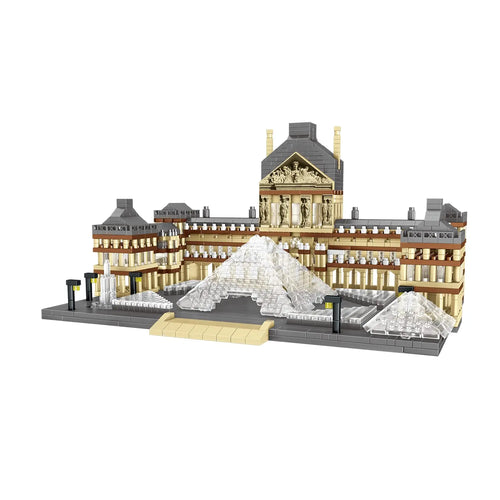 DAHONPA Louvre architecture model showing the complete palace pavilion and transparent glass pyramid assembled from micro Building Blocks