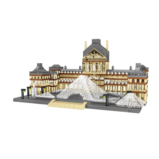 DAHONPA Louvre architecture model showing the complete palace pavilion and transparent glass pyramid assembled from micro Building Blocks