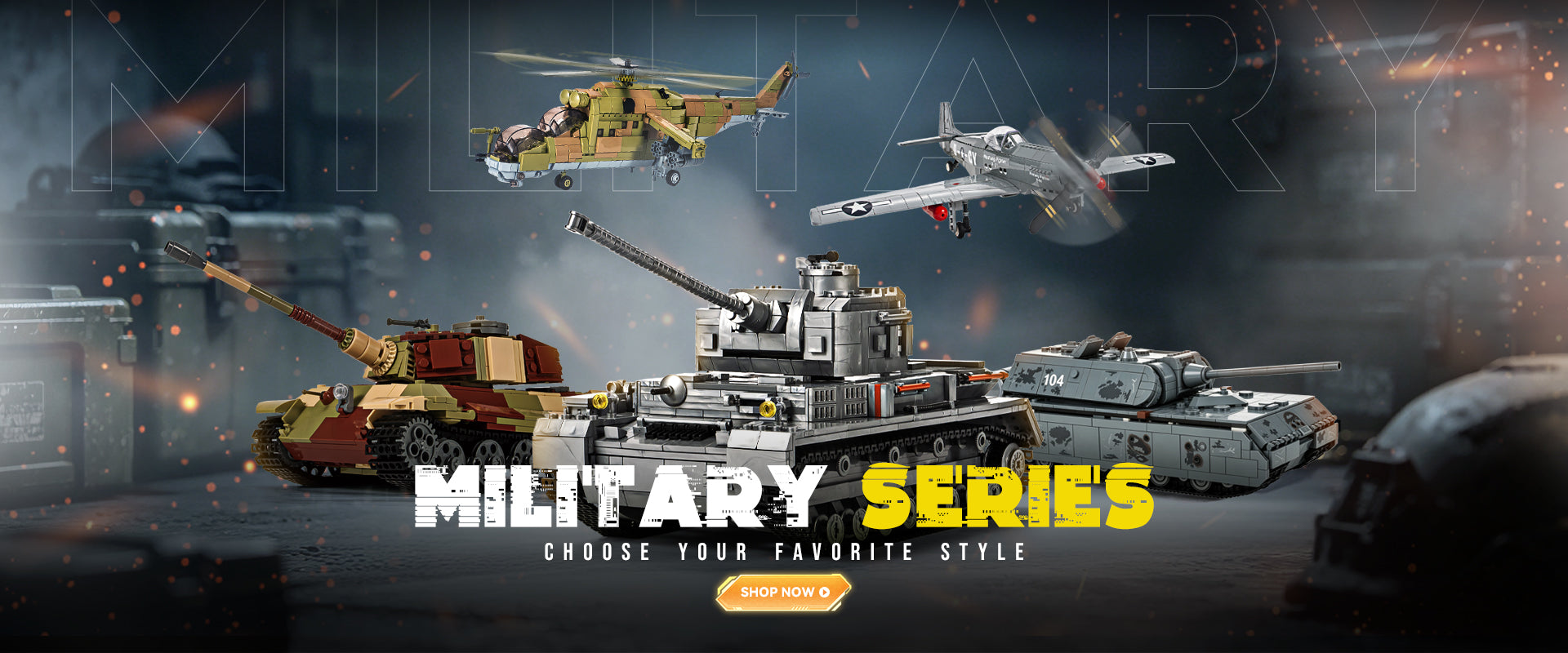 DAHONPA Military Series micro building blocks featuring tanks, fighter aircraft and helicopters for adult collectors and military model enthusiasts.