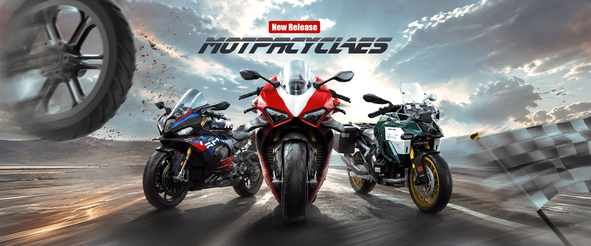 DAHONPA New Release mechanical motorcycle building block sets featuring red, blue, and green sports toy bikes racing on a track.