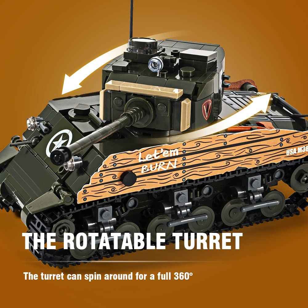 DAHONPA Sherman tank building blocks model demonstrating the interactive 360 degree rotatable turret mechanism